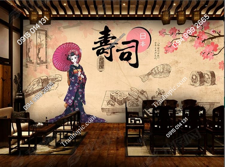 Tranh dán tường quán sushi hình cô gái Nhật Bản18680109