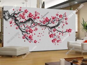 Tranh hoa đào kiểu vẽ dán tường phòng khách HDM38