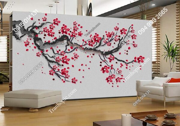 Tranh hoa đào kiểu vẽ dán tường phòng khách HDM38