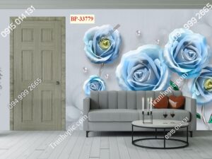 Tranh hoa hồng xanh ngọc trai dán tường 3D33779
