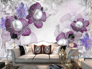 Tranh hoa ngọc trai tím 3D dán tường phòng khách OP_16193309
