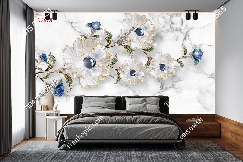 Tranh hoa xanh ngọc sang trọng nền trắng dán tường phòng ngủ 5D52678