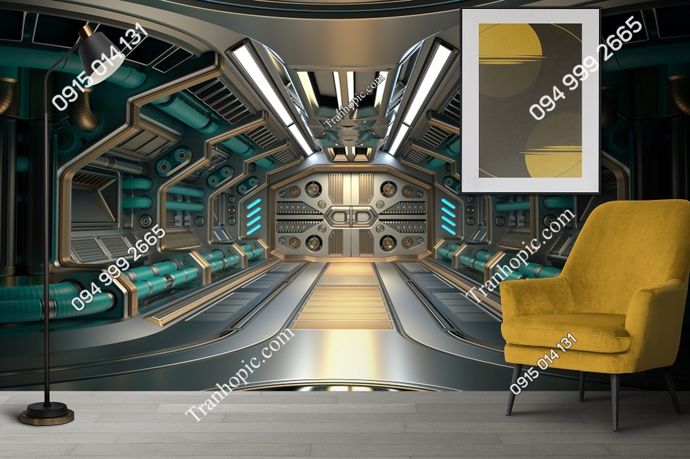 Tranh phòng máy tàu vũ trụ 3D xanh vàng 1290931834