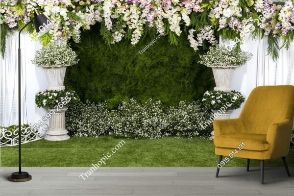 Tranh phông nền chụp ảnh với thảm cỏ và hoa 324093323