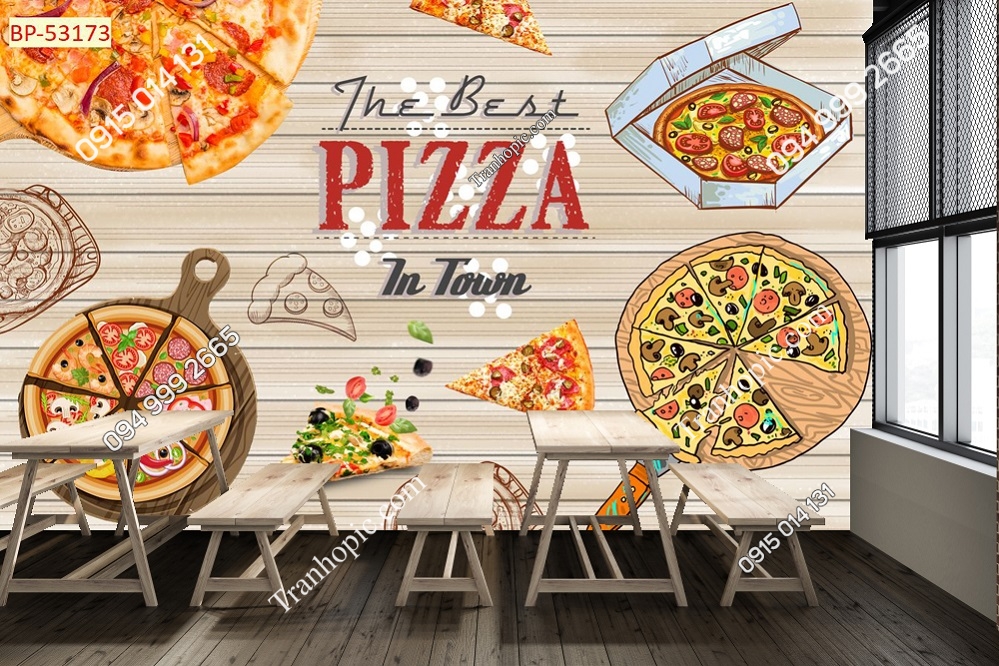 Tranh pizza nền gỗ ngang 3D dán tường 53173