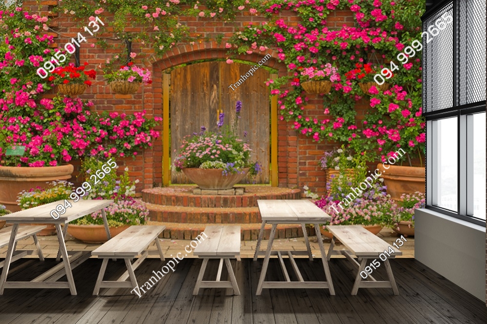 Tranh tường gạch cổ và hoa hồng leo dán tường quán cafe 1070313293