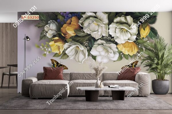Tranh tường hoa và bướm dán phòng khách ngủ đẹp 5D53250