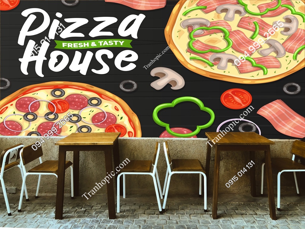 Tranh tường quán pizza house nền gỗ đen 1855433725