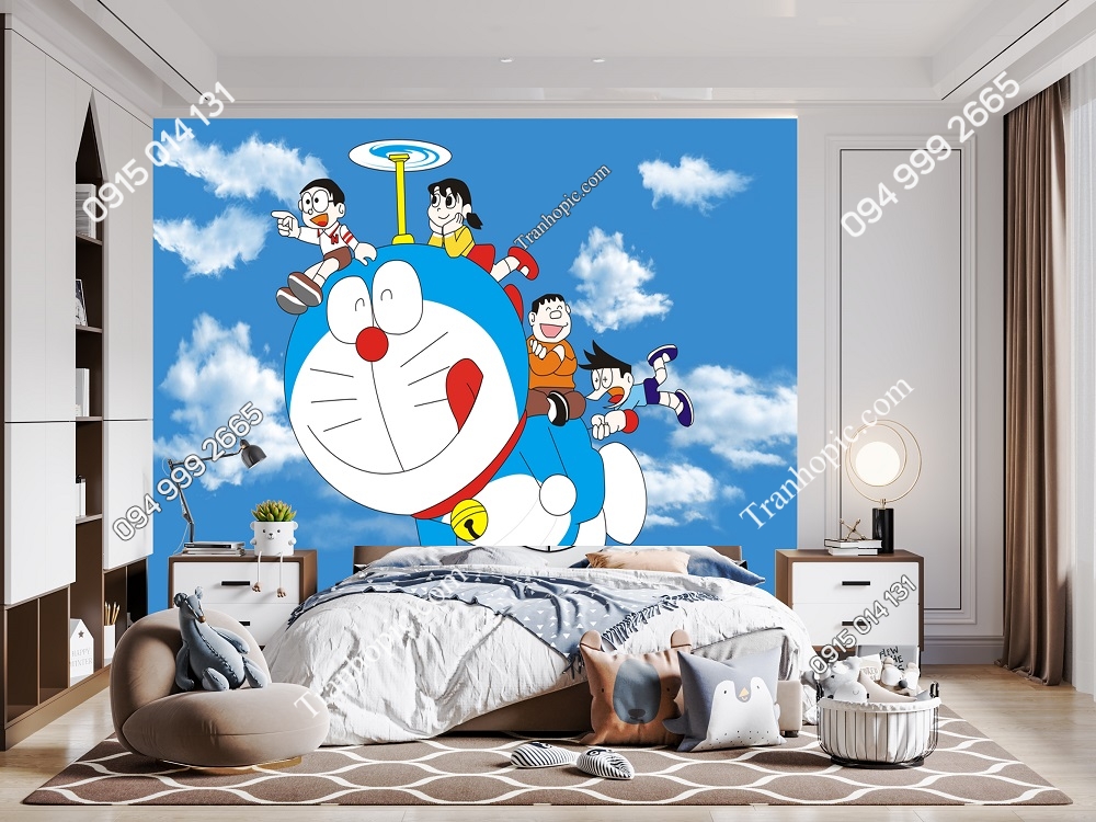 Tranh dán tường 3D Doraemon màu xanh