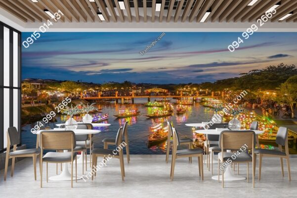 Tranh dán tường 3D cảnh thuyền đèn lồng trên sông Hội An 2134950147