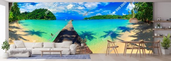 Tranh dán tường Panorama cát bãi biển nhiệt đới với bóng cây cọ dừa trong biển 859600250