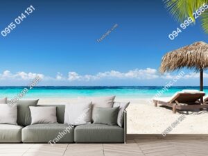 Tranh dán tường bờ biển dừa với ghế và ô cọ 659599521