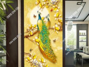 Tranh dán tường chim công và hoa vàng khổ dọc 2773400221