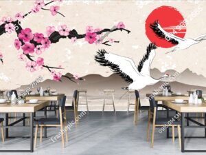 Tranh dán tường chim hạc hoa đào mặt trời đỏ Nhật Bản 2324640439
