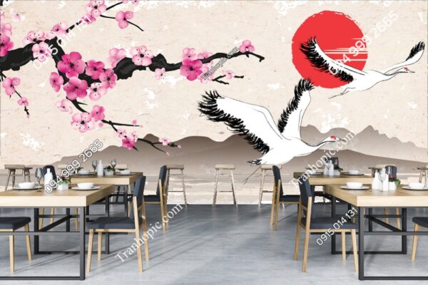 Tranh dán tường chim hạc hoa đào mặt trời đỏ Nhật Bản 2324640439