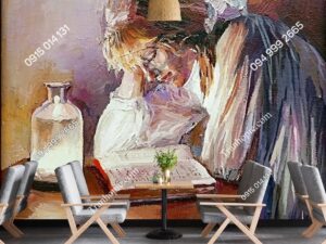 Tranh dán tường cô gái trẻ đọc sách dưới ánh nến kiểu Sơn dầu 2700615156