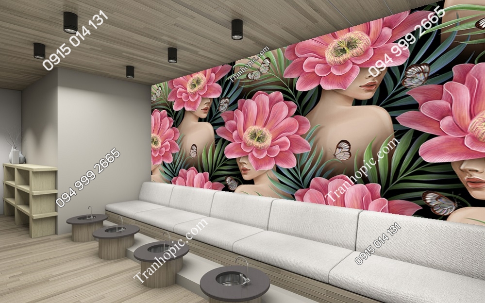 Tranh dán tường cô gái và hoa dán spa nail 3002386435