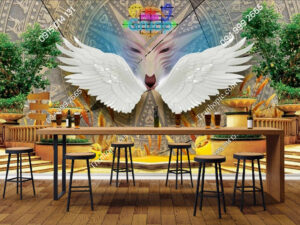 Tranh dán tường đôi cánh thiên thần quán cafe trà sữa