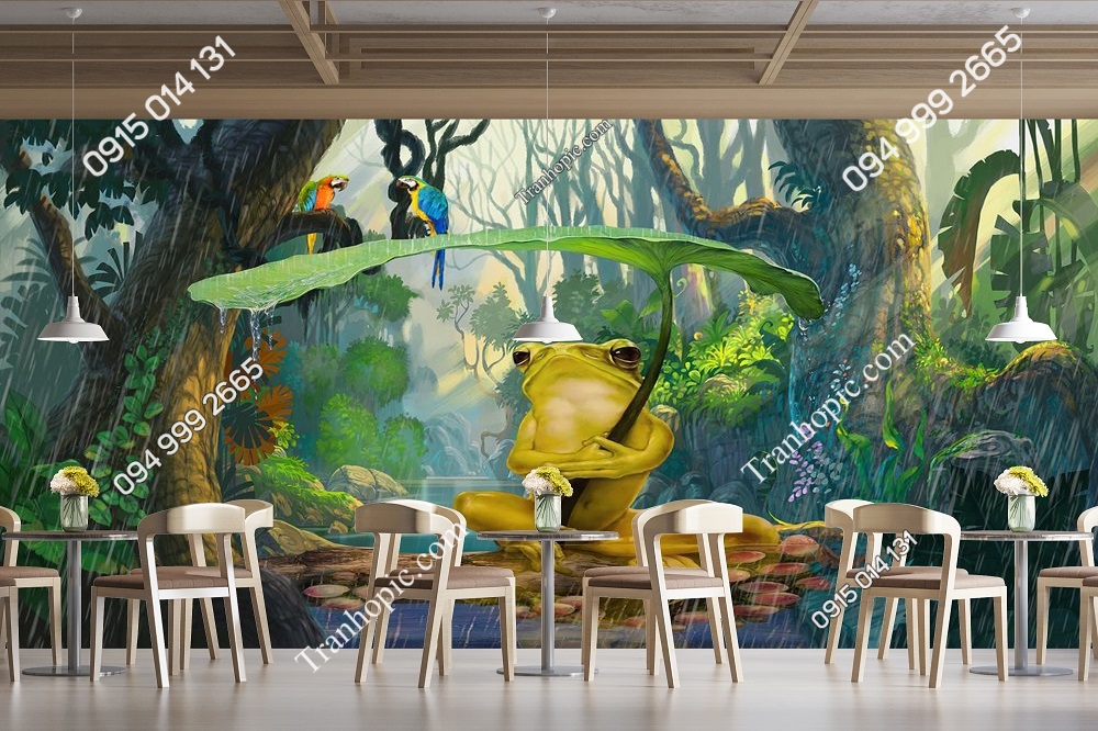 Tranh dán tường ếch xanh rừng nhiệt đới dán quán cafe đẹp 10245