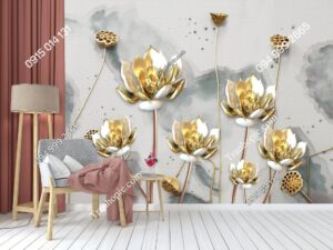 Tranh dán tường hoa sen vàng 3D 2668706385