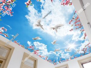 Tranh dán tường mây, chim bồ câu và hoa đào 56427