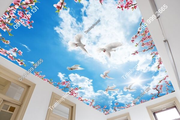Tranh dán tường mây, chim bồ câu và hoa đào 56427