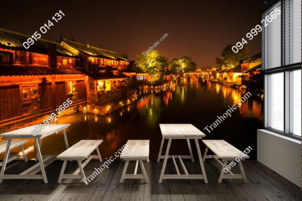 Tranh dán tường phố cổ ven sông Trung Quốc về đêm dán quán cafe 2285840628