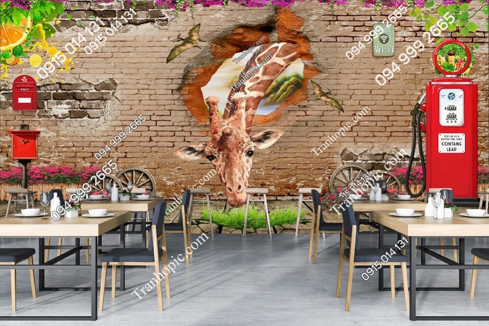 Tranh dán tường quán cafe hươu cao cổ nền gạch đẹp