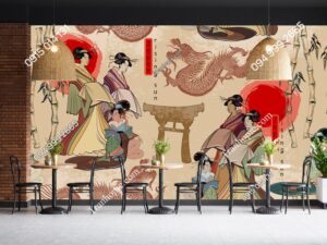Tranh dán tường tre Geisha và rồng kiểu Nhật Trung 2022250896