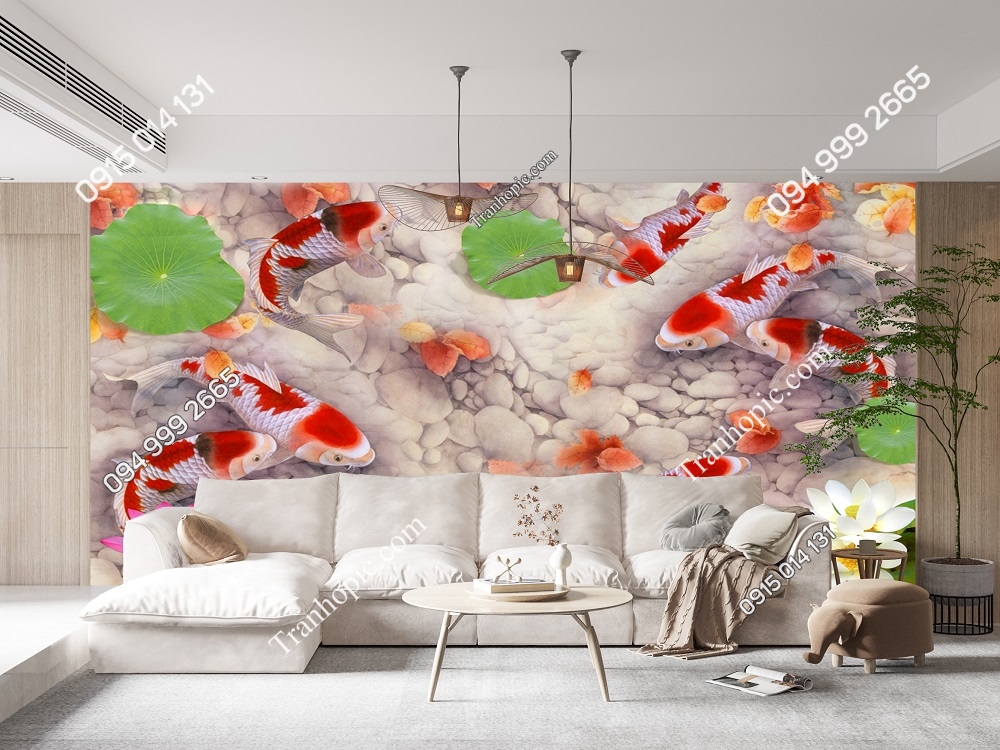 Tranh cá chép koi hồng dán tường sofa 34676