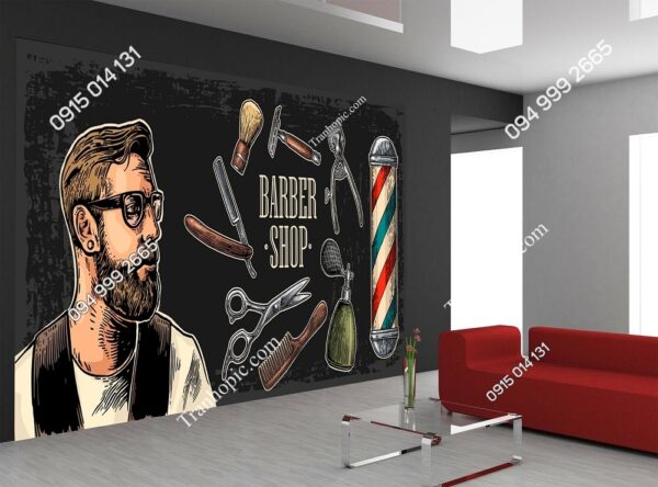 Tranh dán tường BarberShop với lược, dao cạo, cạo râu bàn chải, cột, kéo và chai phun 579328218
