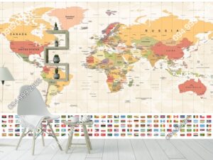 Tranh dán tường bản đồ thế giới và quốc kỳ 2313302602