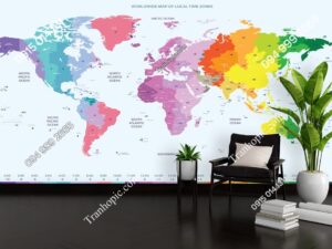 Tranh dán tường bản đồ toàn thế giới và múi giờ địa phương 420565618