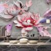 Tranh dán tường cá chép hồng và hoa sen 30101