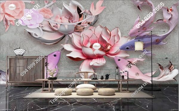 Tranh dán tường cá chép hồng và hoa sen 30101