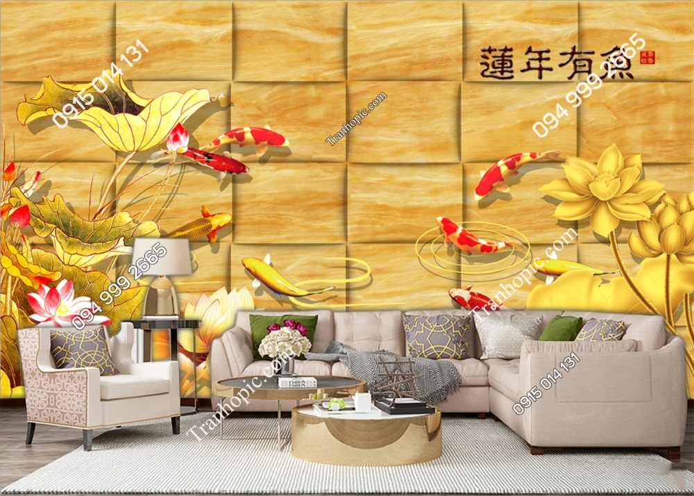 Tranh dán tường cá chép nền hoa vàng 32471