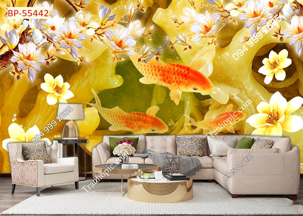 Tranh dán tường cá chép vàng và hoa dán tường 55442