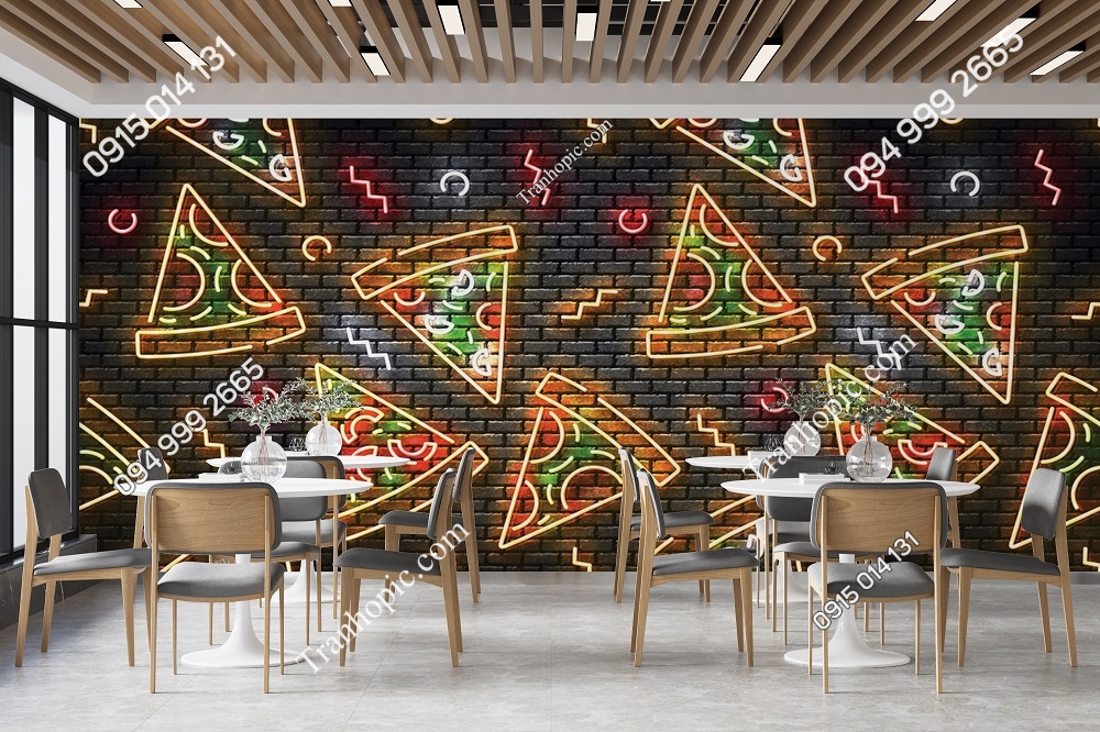 Tranh dán tường họa tiết miếng bánh pizza hiệu ứng đèn neon 2841770484