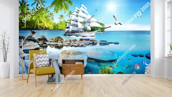 Tranh dán tường thuyền buồm, chim hải âu, biển dừa 2725287474