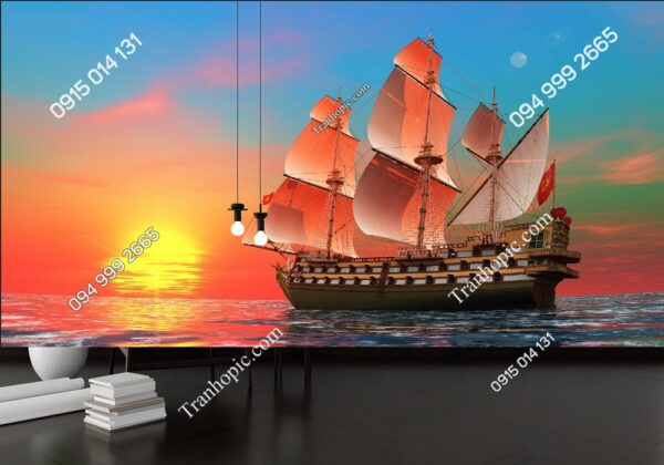 Tranh dán tường thuyền buồm trên biển lúc hoàng hôn 221365245