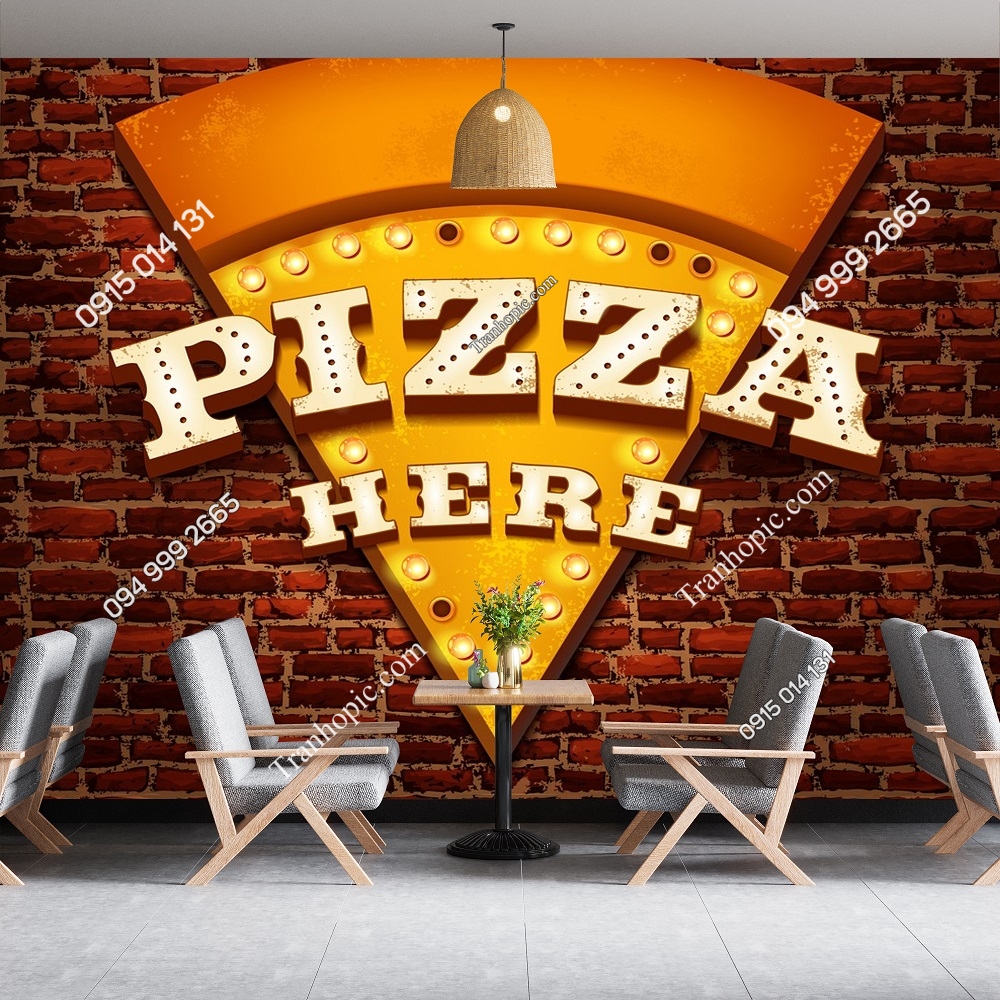 Tranh tường dán quán ăn Pizza here nền gạch đỏ 272709859