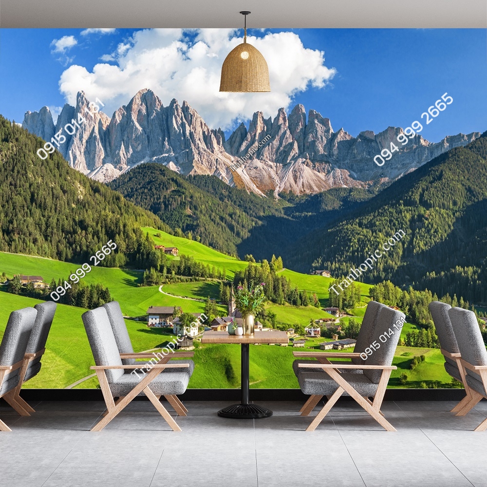 Tranh dán tường 3D phong cảnh Châu Âu làng trong thung lũng dán quán cafe 1296266943