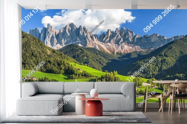 Tranh dán tường 3D phong cảnh Châu Âu làng trong thung lũng dán sau sofa 1296266943