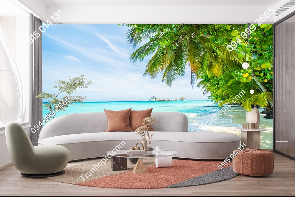 Tranh dán tường bãi biển cây dừa tại đảo Maldives 423757123