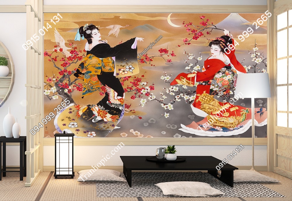 Tranh dán tường cô gái Nhật Bản mặc Kimono 53553