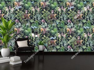 Tranh dán tường con khỉ dễ thương được vẽ tay và những bông hoa rừng kỳ lạ 3080138214