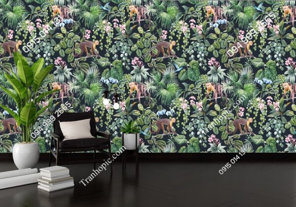 Tranh dán tường con khỉ dễ thương được vẽ tay và những bông hoa rừng kỳ lạ 3080138214