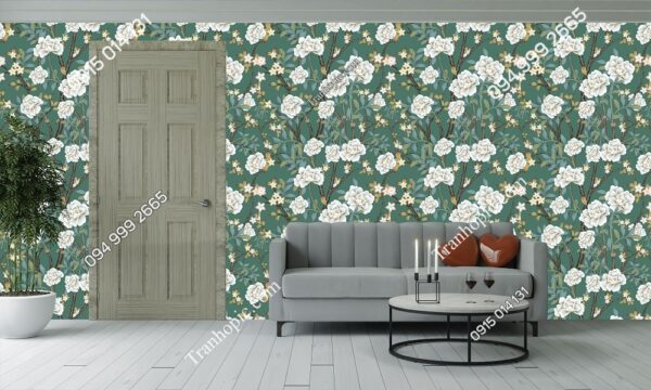 Tranh dán tường hoa mẫu đơn trắng nền xanh 2331502864