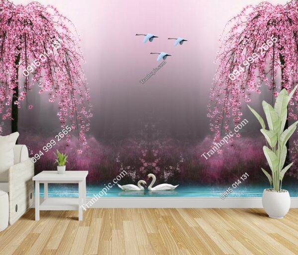 Tranh thiên nga và cây hoa tím trên mặt hồ dán tường 2687707233