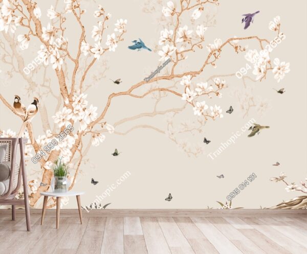 Tranh tường hoa và chim kiểu Chinoiserie 2843346975